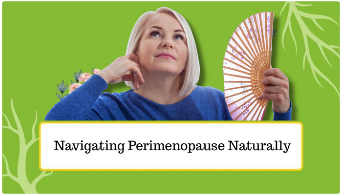 Middle-aged woman looking thoughtful while holding a decorative hand fan, representing natural ways to manage perimenopause, with a green nature-themed background and the text ‘Navigating Perimenopause Naturally.